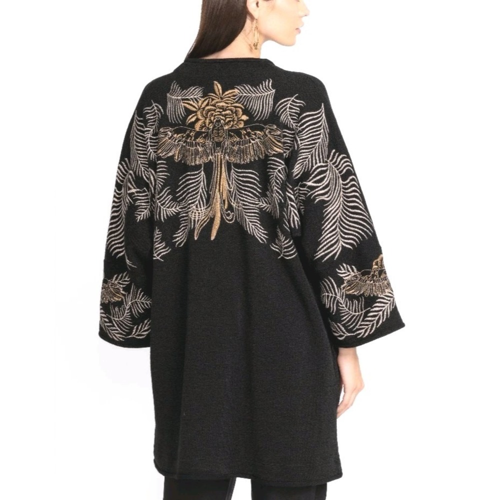 Johnny Was Biya Cardigan Sweater Women's Small Black Embroidered Birds Pockets
